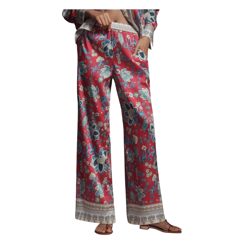 Maeve Anthropologie Printed Pull On Wide-Leg Pants Red Floral Satin Tall XL XLT